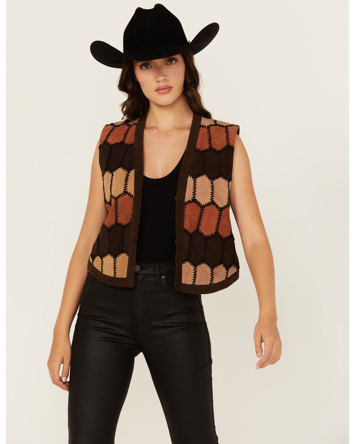 Scully Women's Geo Print Leather Vest, Brown, hi-res