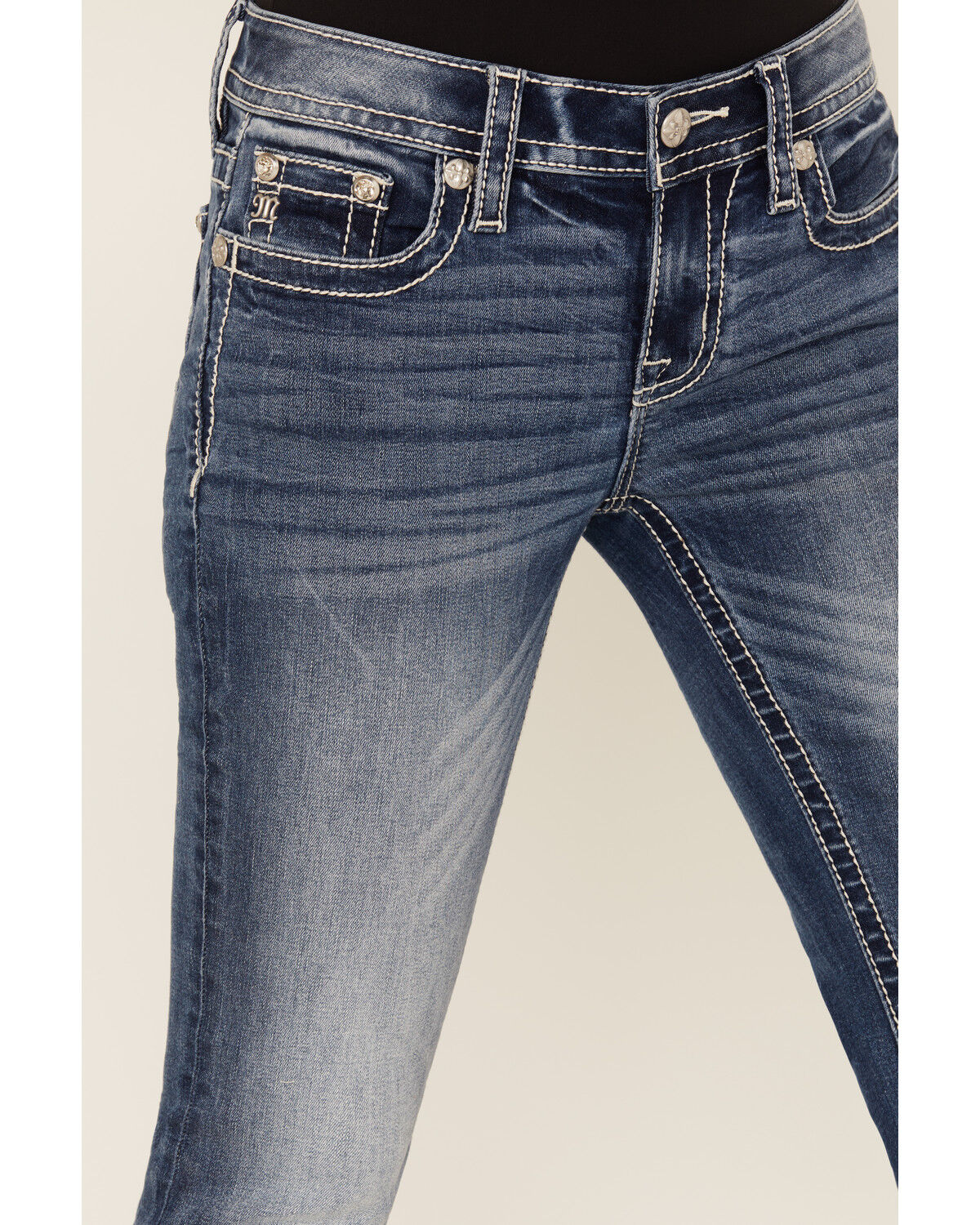Image #4 - Miss Me Women's Medium Wash Mid Rise Fleur de Lis Pocket Bootcut Stretch Denim Jeans, Medium Wash, hi-res