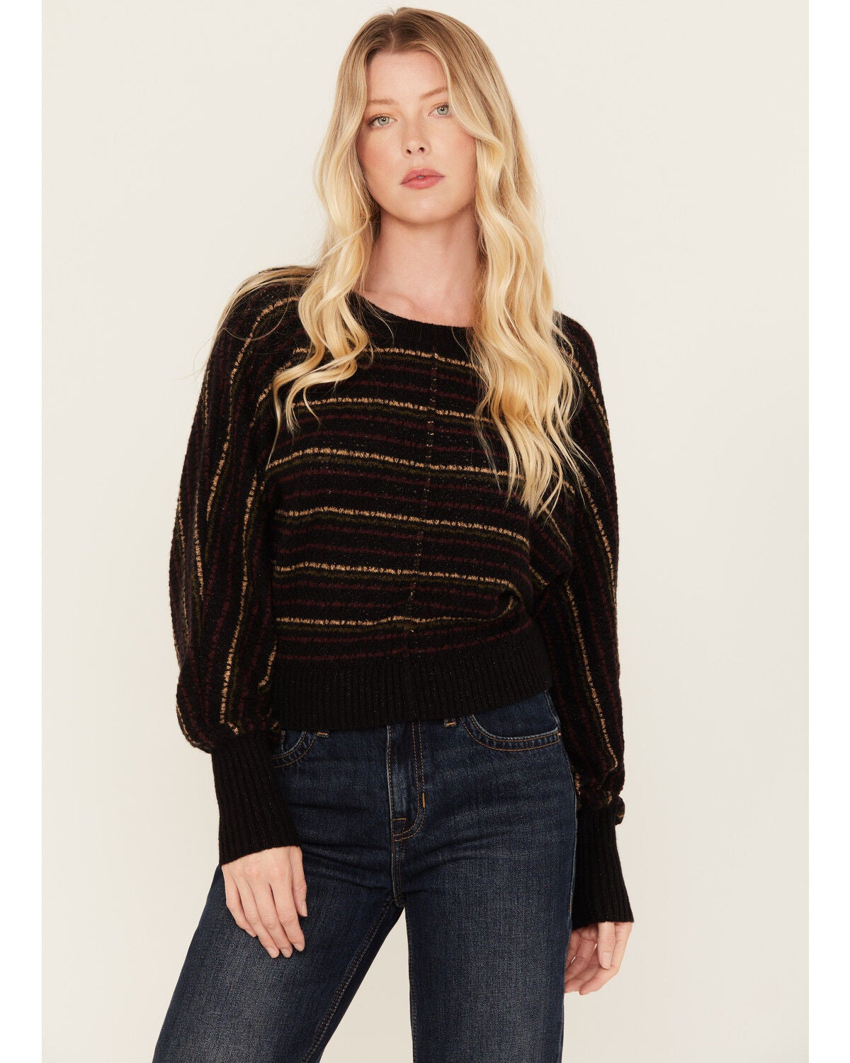 Shyanne Women's Lurex Striped Dolman Sweater, Black, hi-res