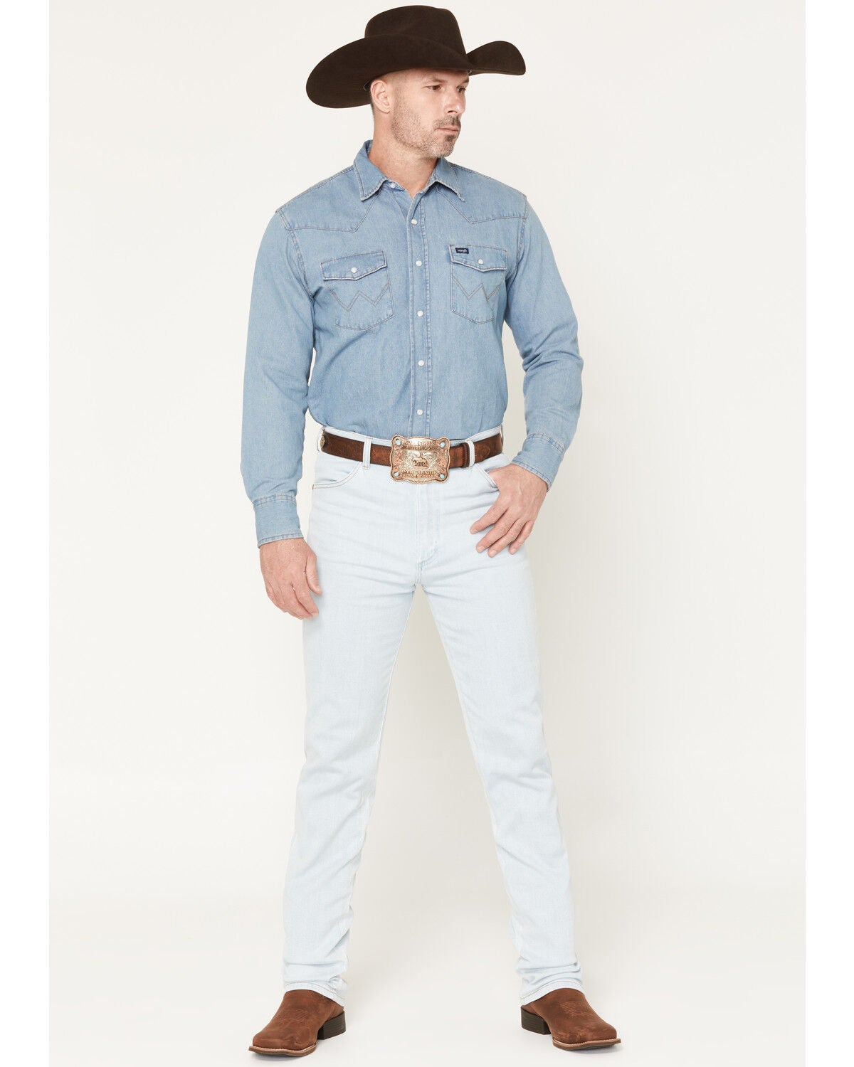Wrangler Men's 938 Tough Lite Light Wash Cowboy Cut Slim Stretch Straight Denim Jeans, Light Wash, hi-res