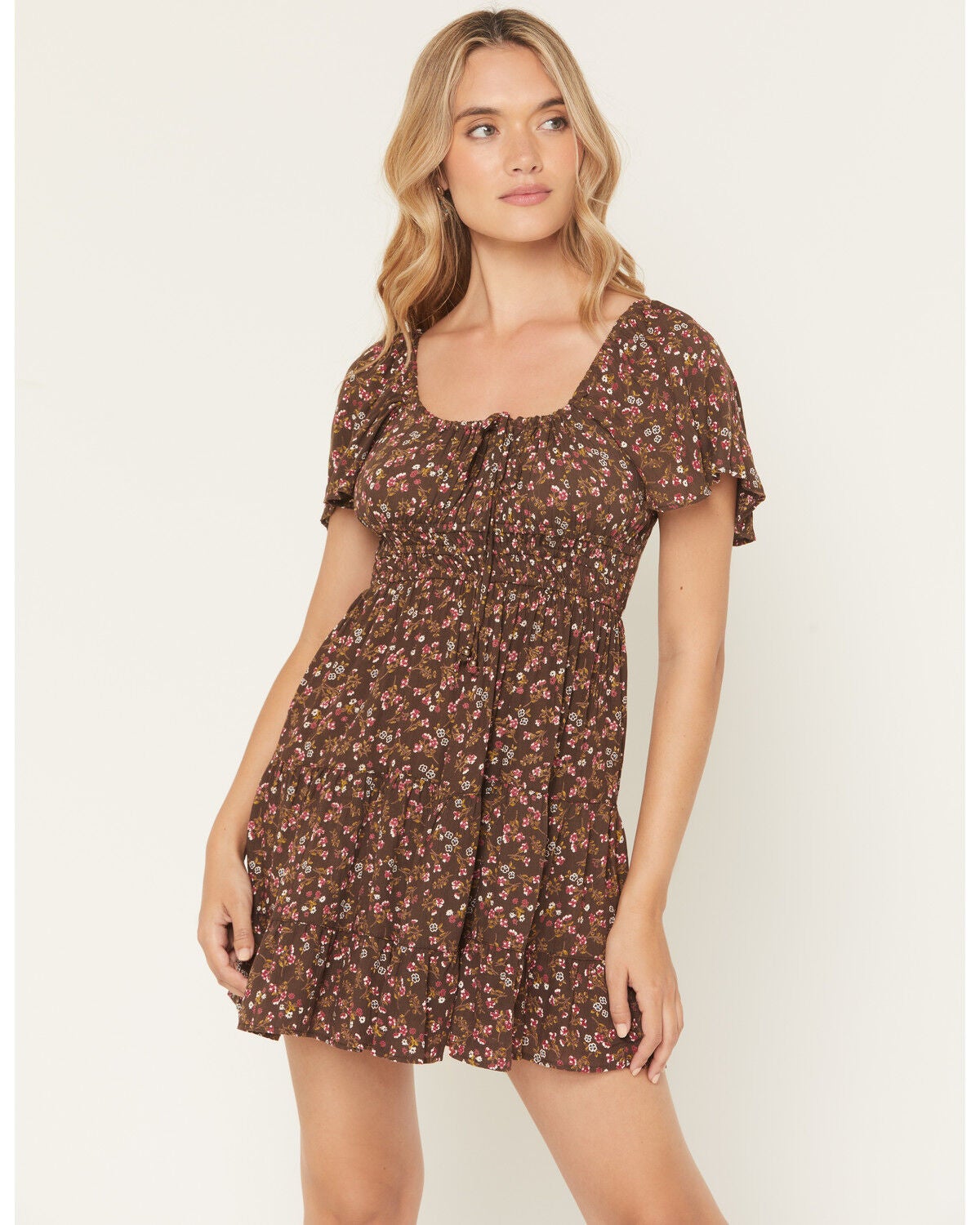 Angie Women's Floral Print Short Sleeve Mini Dress, Dark Brown, hi-res