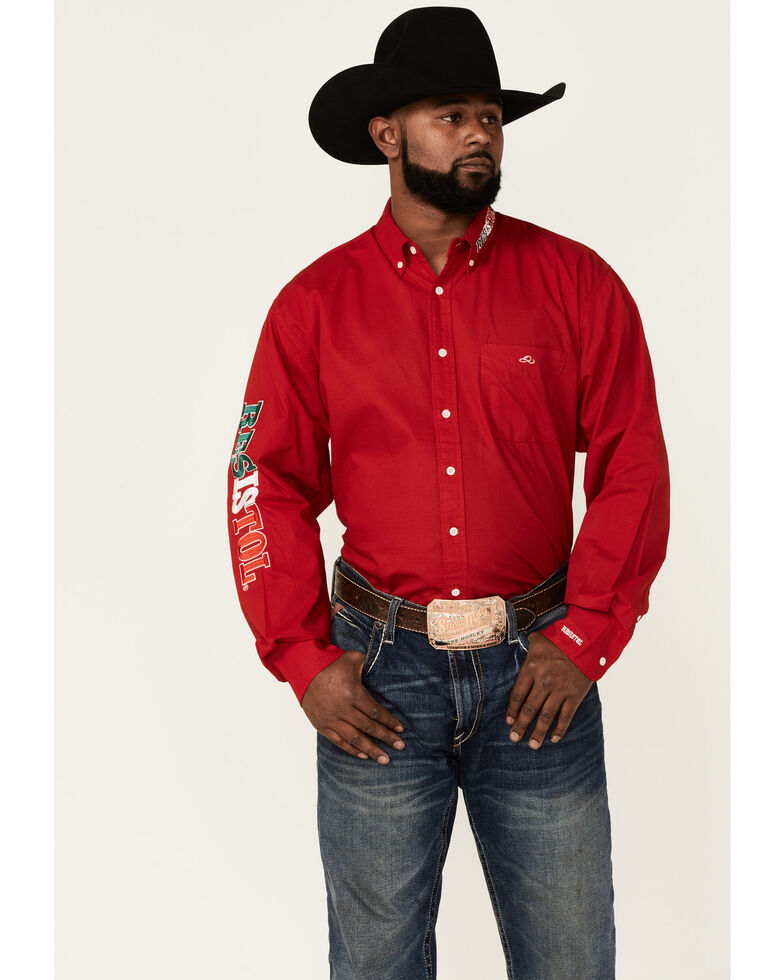 Resistol Men's Red Mexico Logo Embroidered Long Sleeve Button-Down Western Shirt , Red, hi-res