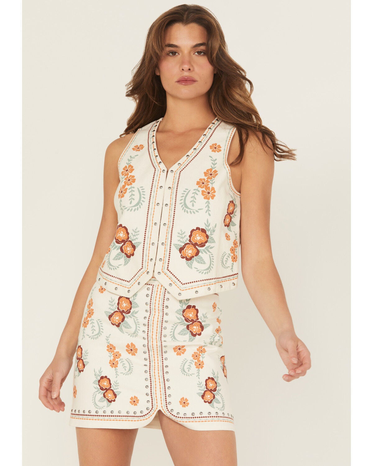 Rock & Roll Denim Women's Floral Print Studded Vest, Cream, hi-res
