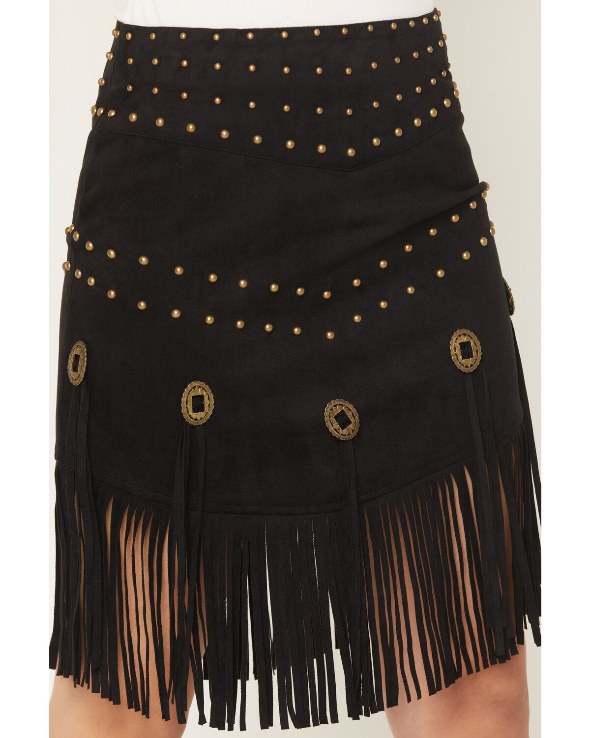 Image #2 - Fornia Women's Faux Suede Fringe Concho Mini Skirt, Black, hi-res