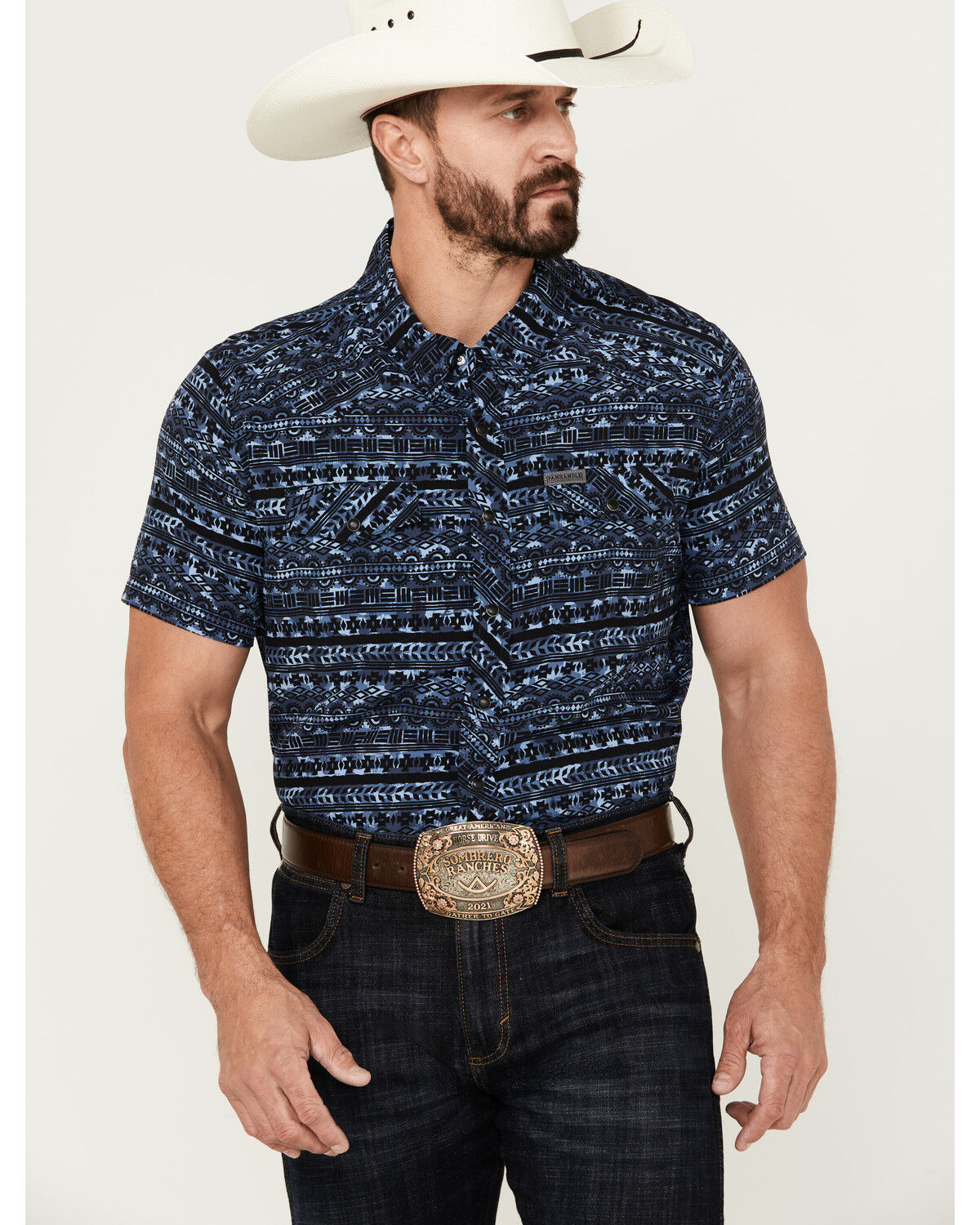 Image #1 - Rock & Roll Denim Men's Southwestern Print Short Sleeve Pearl Snap Performance Western Shirt, Dark Blue, hi-res