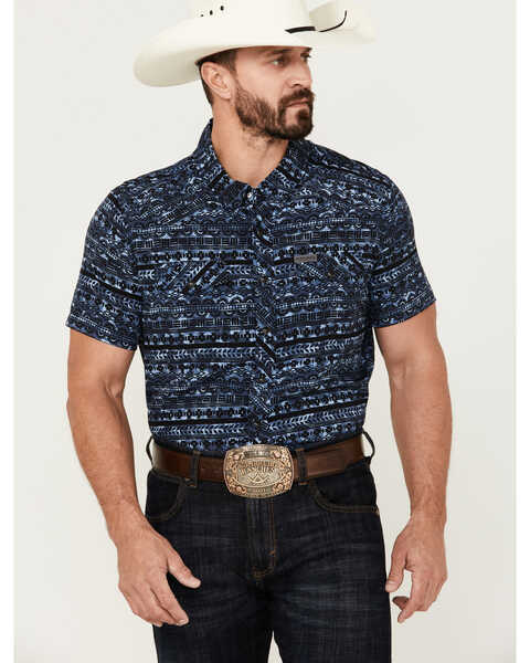 Image #1 - Rock & Roll Denim Men's Southwestern Print Short Sleeve Pearl Snap Performance Western Shirt , Dark Blue, hi-res