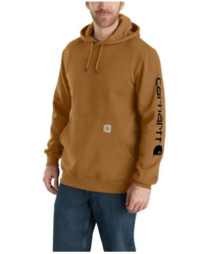 Carhartt Men's Loose Fit Midweight Logo Sleeve Graphic Hooded Sweatshirt, Brown, hi-res