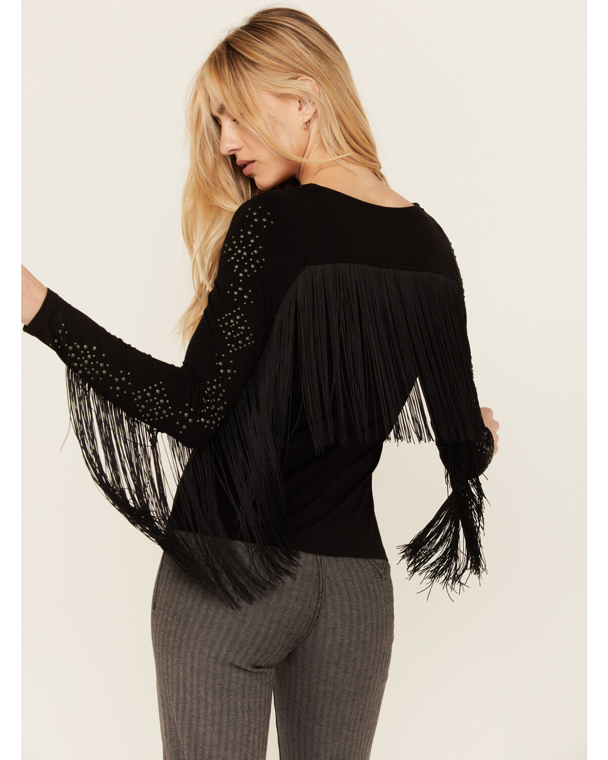 Image #4 - Idyllwind Women's Doris Studded Fringe Long Sleeve Top, Black, hi-res