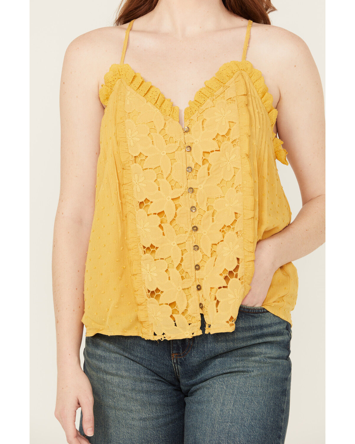 Image #3 - Miss Me Women's Sleeveless Lettuce Hem Tank Top, Yellow, hi-res
