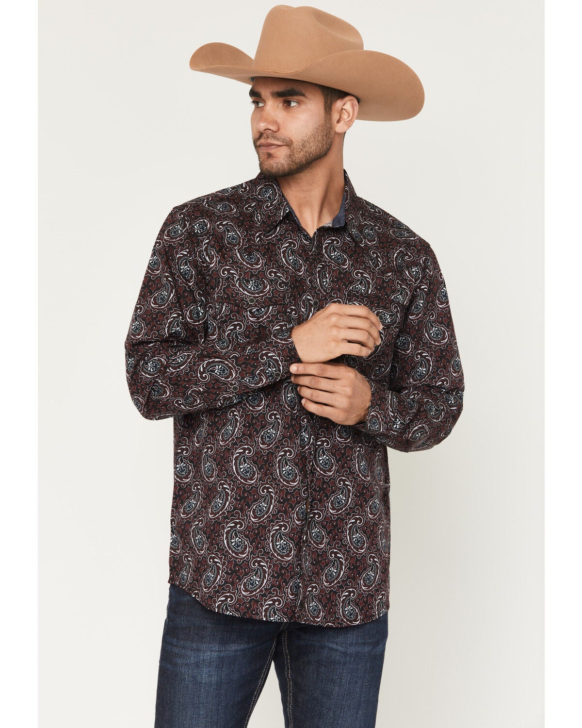 Image #1 - Moonshine Spirit&reg; Men's Lava Paisley Print Long Sleeve Snap Western Shirt, Burgundy, hi-res