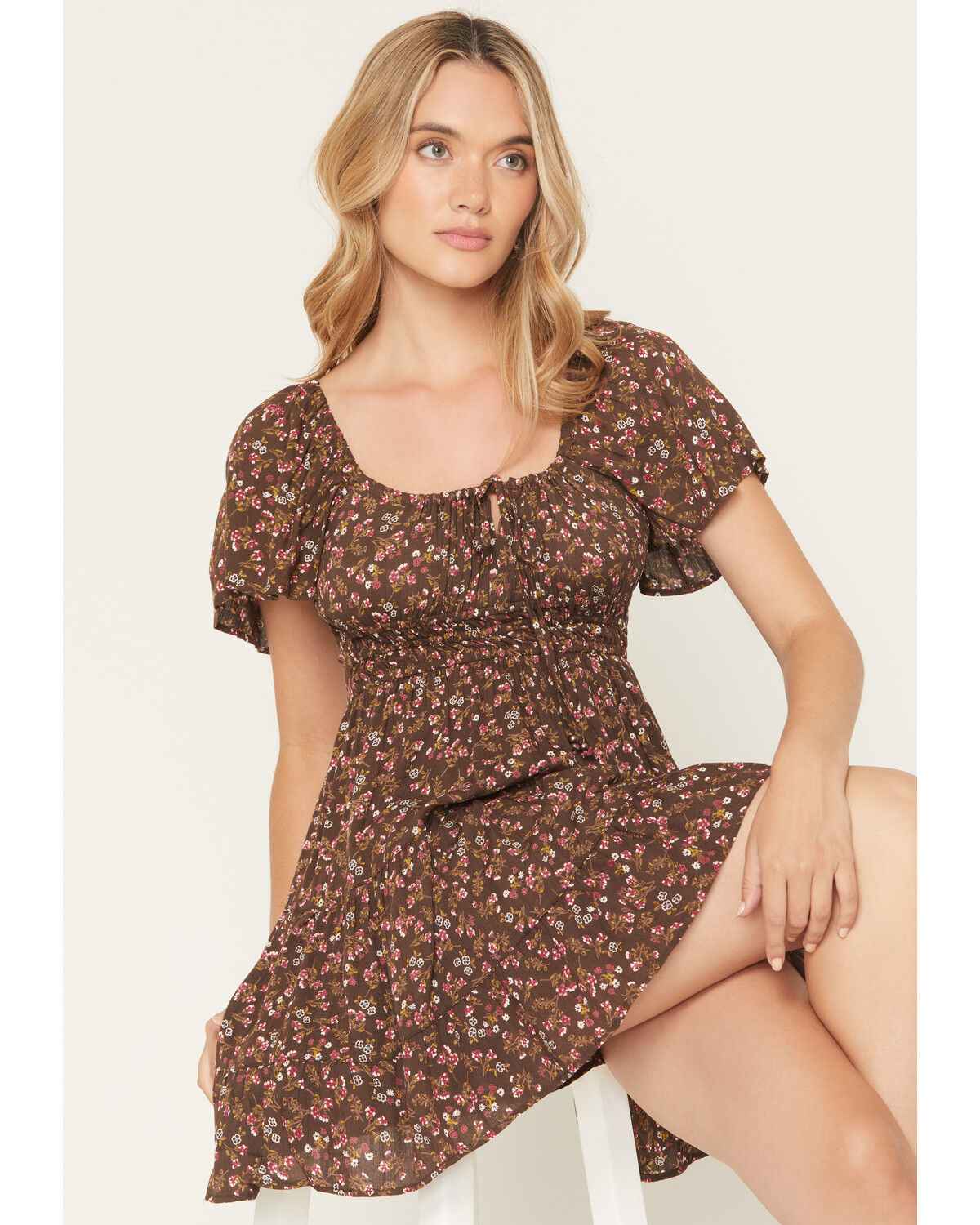 Image #2 - Angie Women's Floral Print Short Sleeve Mini Dress, Dark Brown, hi-res