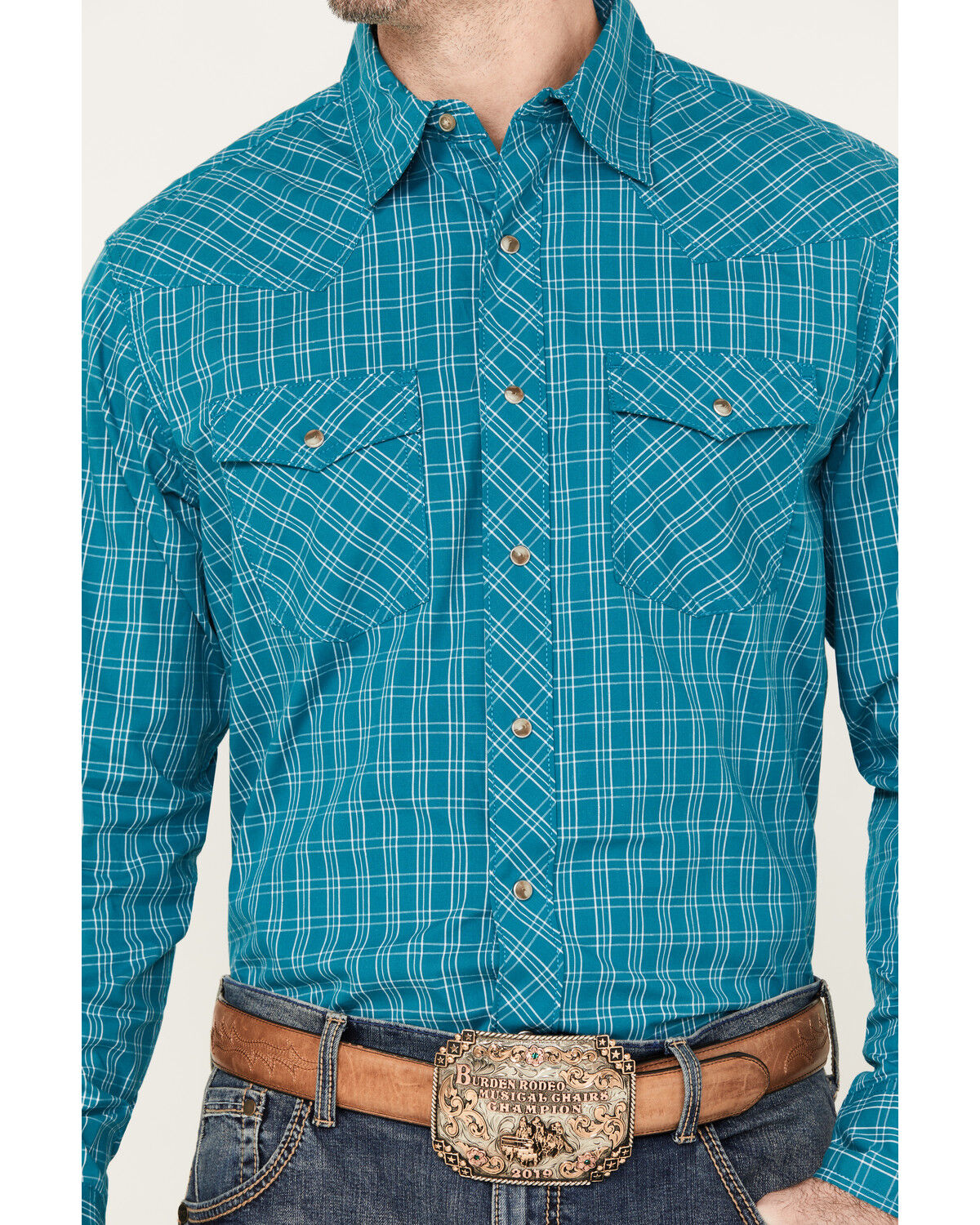 Image #3 - Wrangler 20X Men's Advanced Comfort Plaid Print Long Sleeve Snap Western Shirt, Teal, hi-res