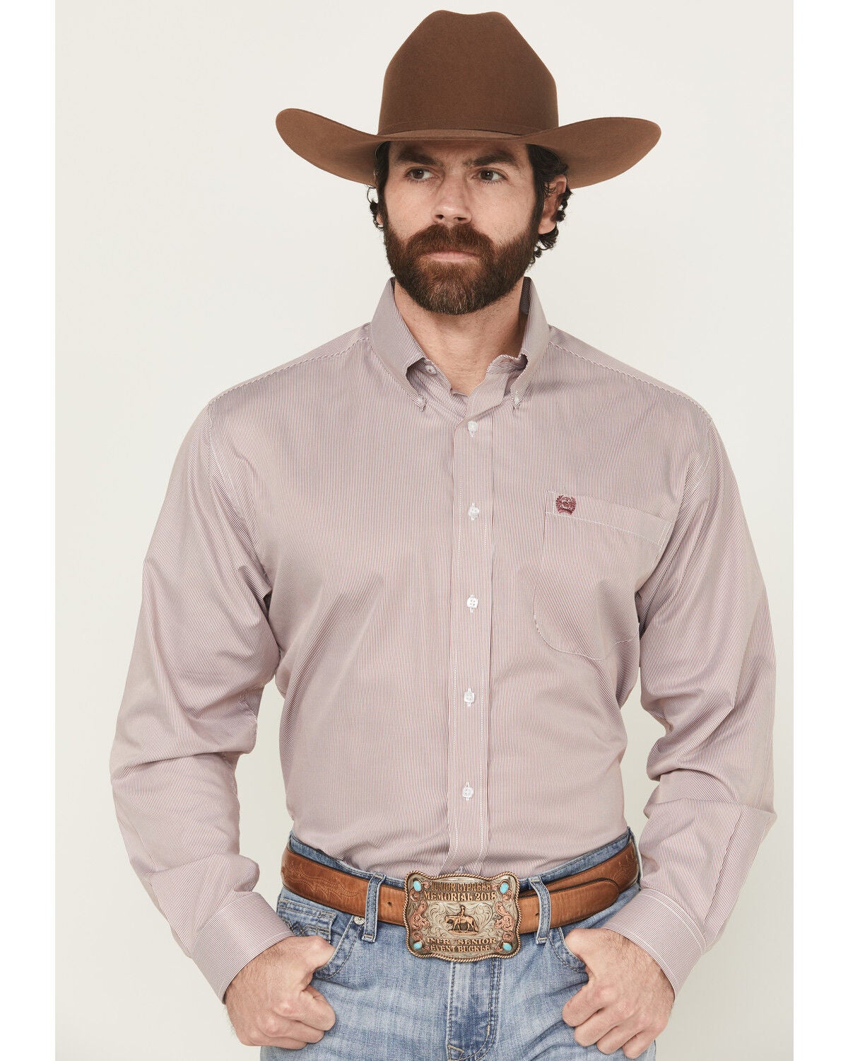 Image #1 - Cinch Men's Striped Print Tencel Long Sleeve Button-Down Western Shirt, Pink, hi-res