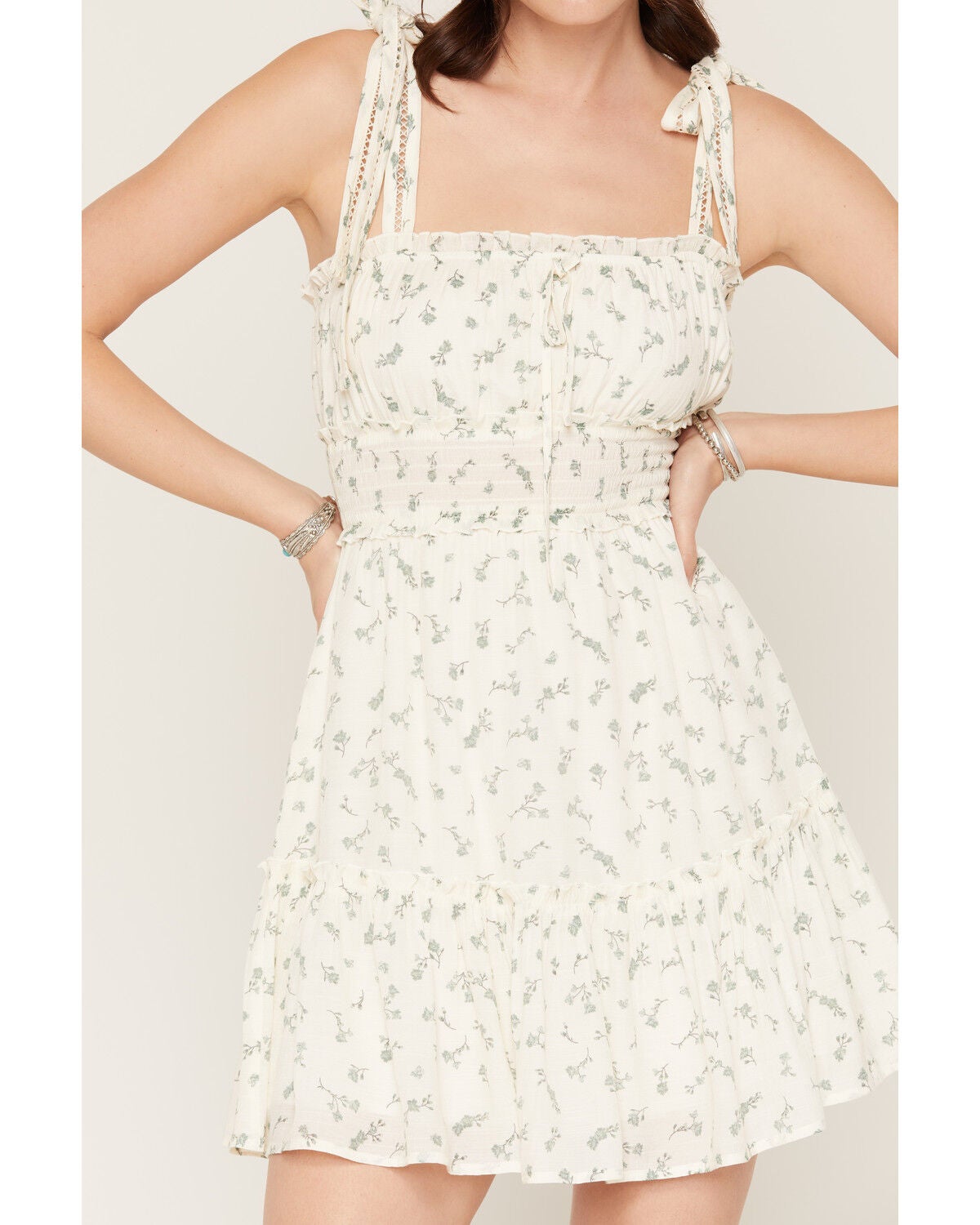 Image #3 - Ash & Violet Women's Floral Print Sleeveless Bow Strap Mini Dress, Ivory, hi-res