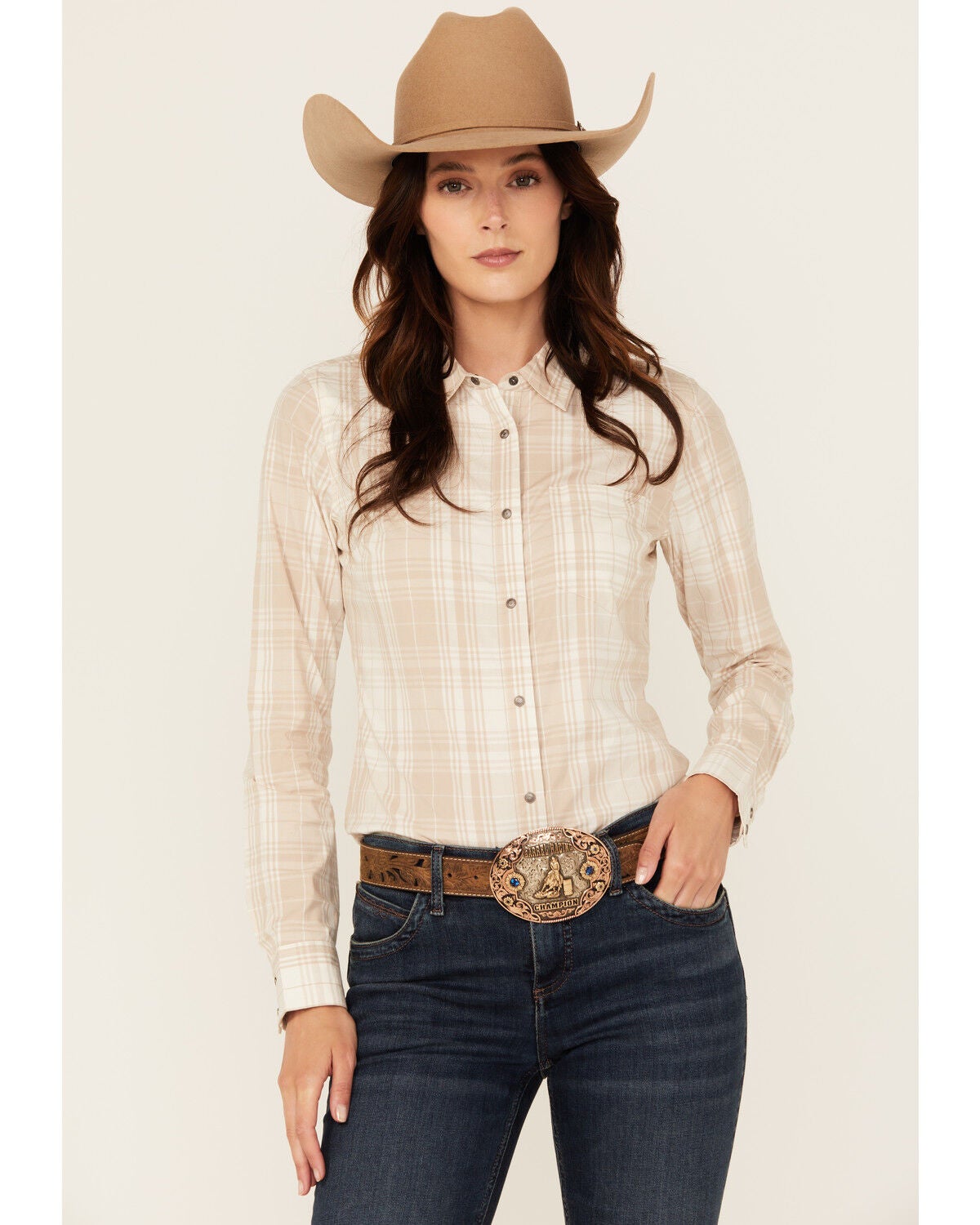 Image #1 - Shyanne Women's Plaid Print Long Sleeve Concho Snap Stretch Western Shirt, Natural, hi-res