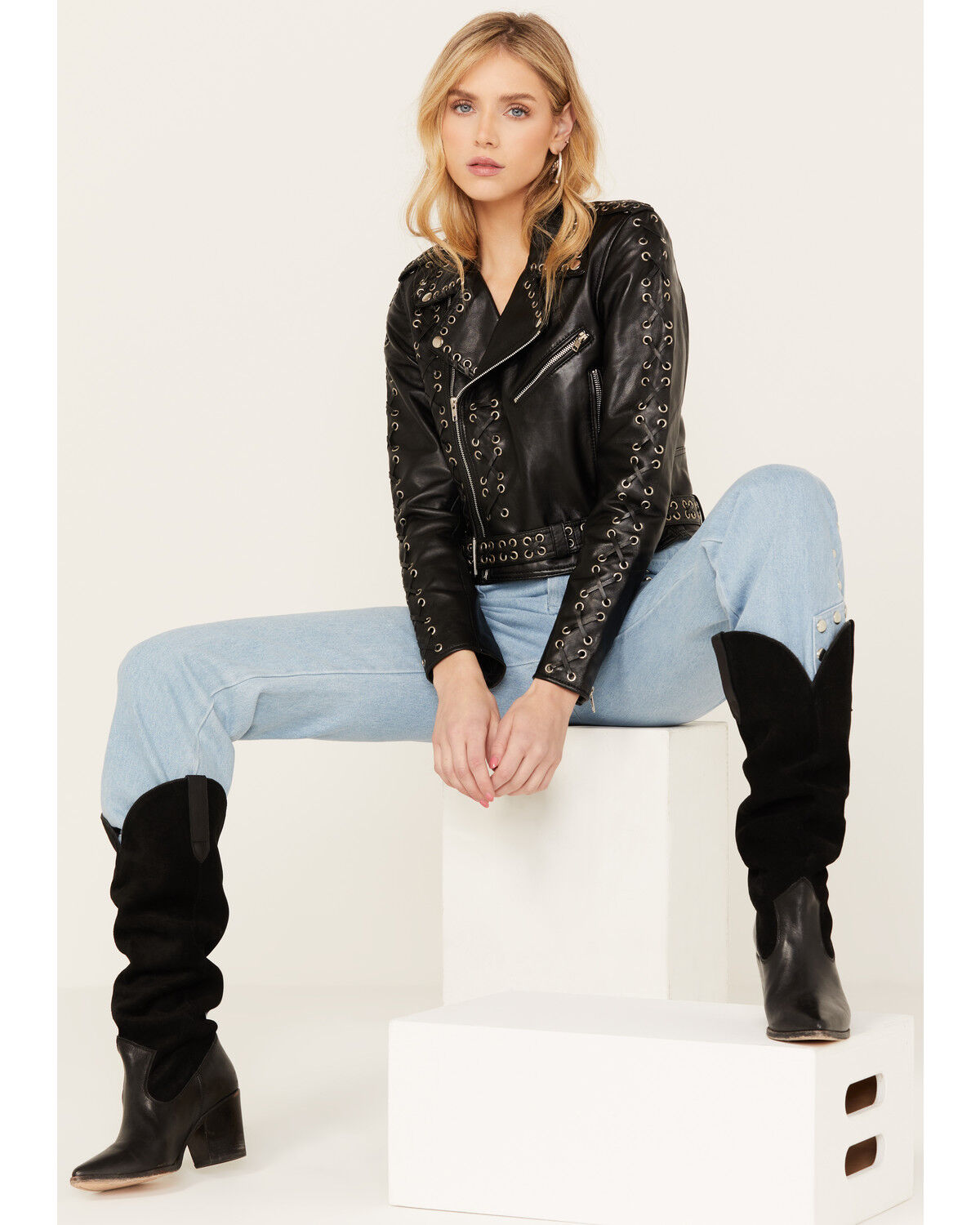 Image #5 - Understated Leather Women's Destiny Eyelet Moto Jacket, Black, hi-res