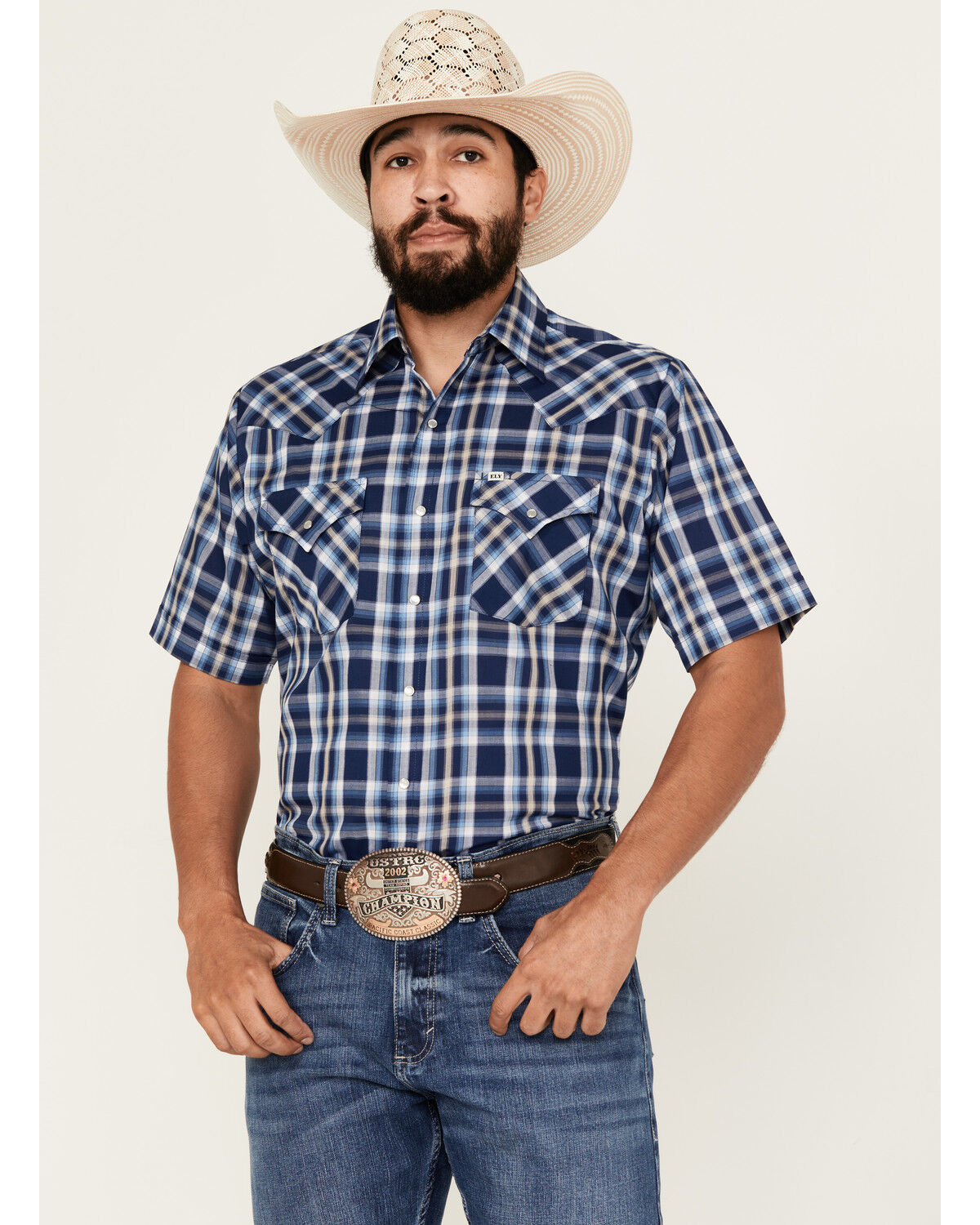 Image #1 - Ely Walker Men's Plaid Print Short Sleeve Pearl Snap Western Shirt, Navy, hi-res