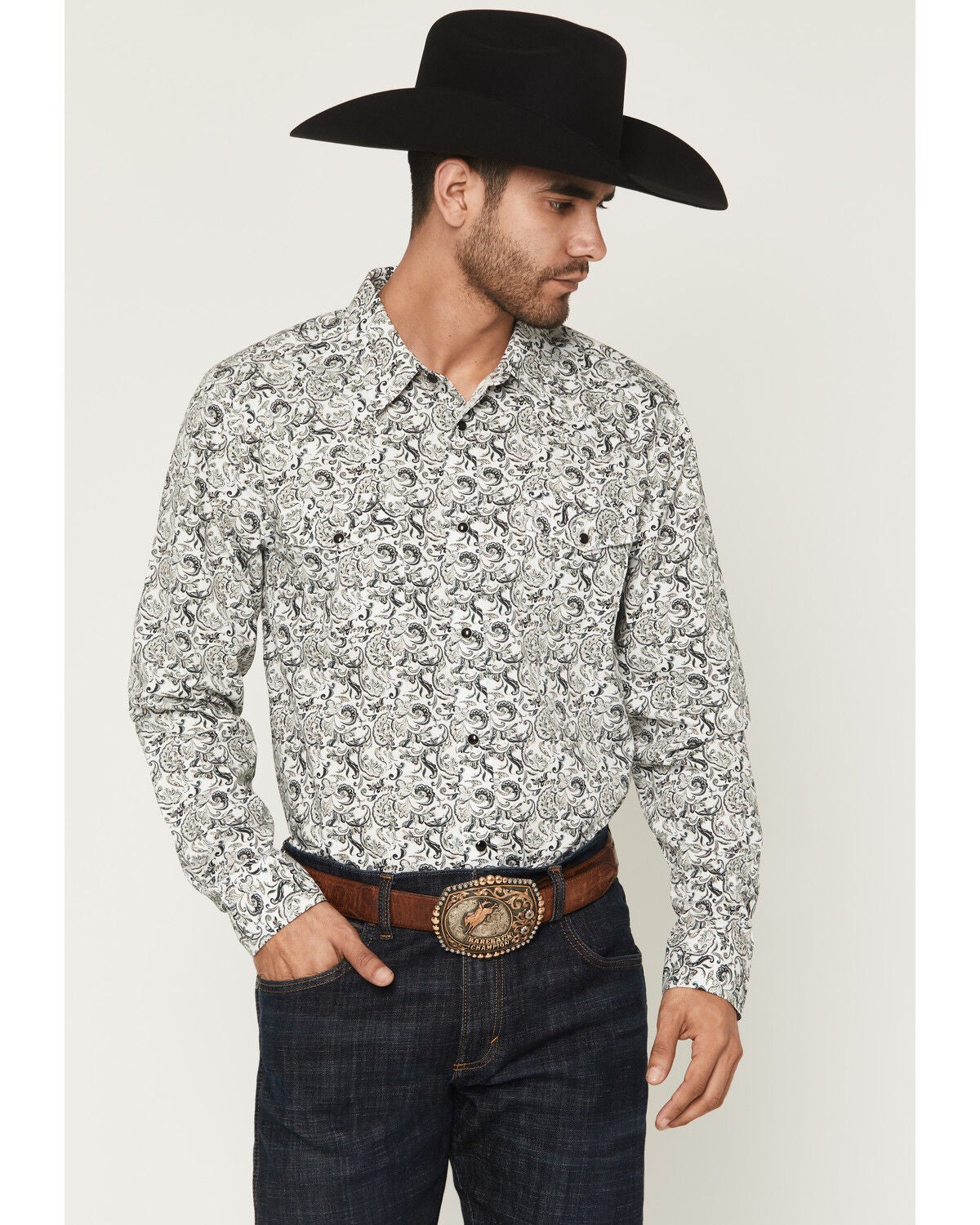 Gibson Trading Co Men's Bone Ridge Paisley Print Long Sleeve Snap Western Shirt, Ivory, hi-res