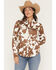 Image #1 - Shyanne Women's Junegrass Cow Print Long Sleeve Snap Stretch Western Shirt, Coffee, hi-res