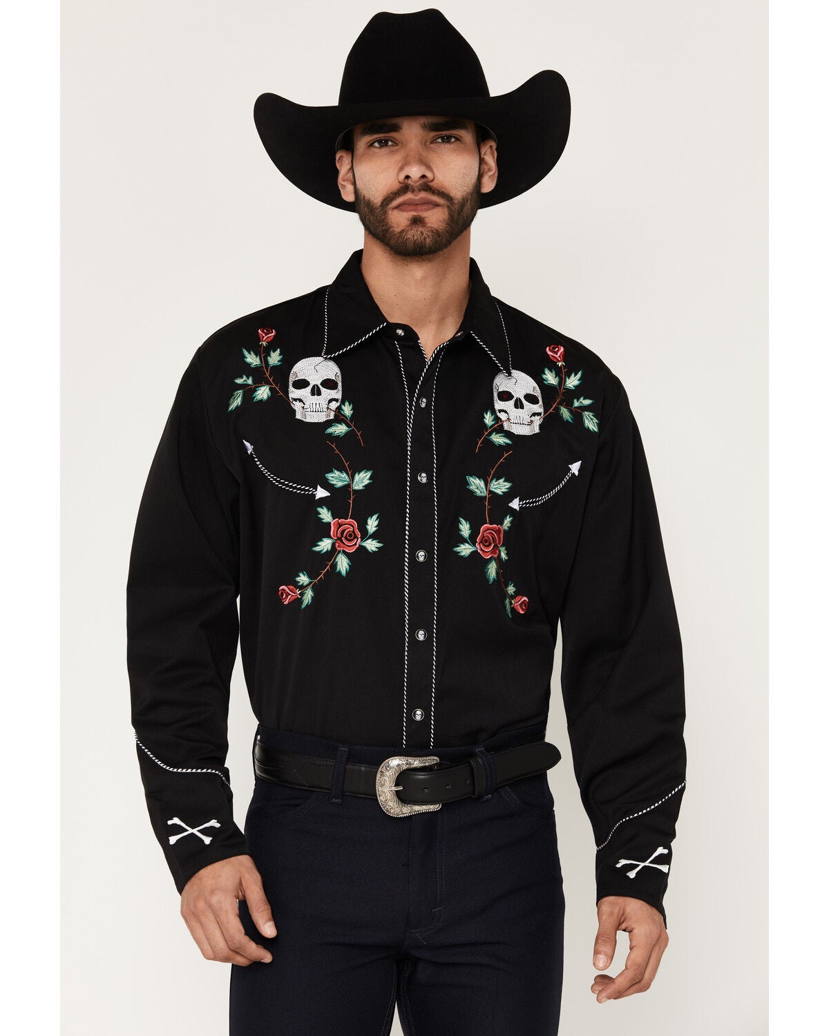 Image #1 - Scully Men's Skull & Roses Embroidered Retro Long Sleeve Western Shirt, Black, hi-res