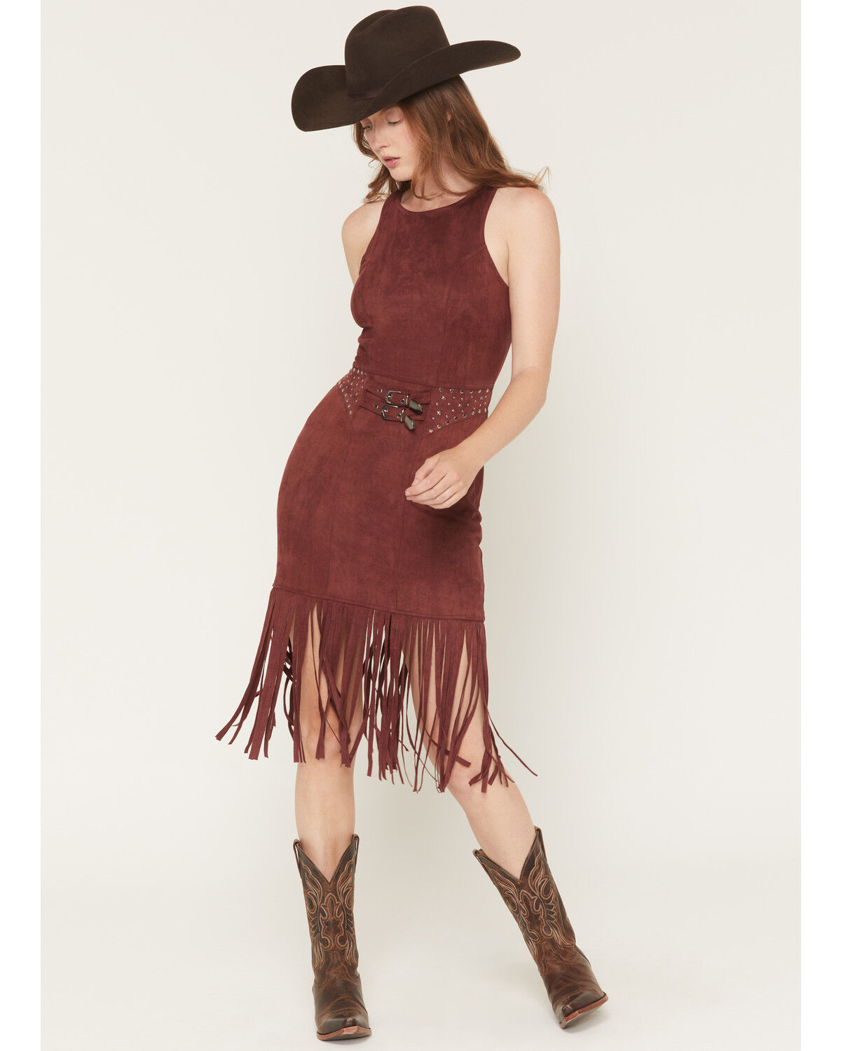 Image #1 - Rock & Roll Denim Women's Faux Suede Fringe Belted Sleeveless Midi Dress, Wine, hi-res