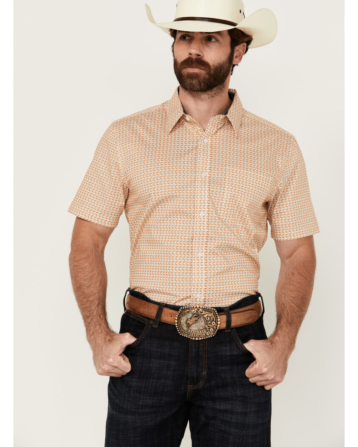 Image #1 - Cody James Men's Gold Coast Geo Print Short Sleeve Button-Down Stretch Western Shirt - Big, Gold, hi-res