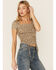 Wild Moss Women's Olive Short Sleeve Cinch Front Paisley Print Knit Top , Olive, hi-res