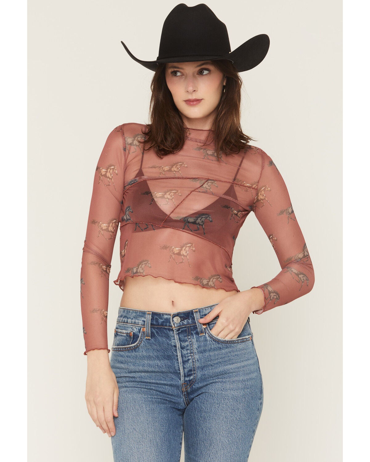 Rock & Roll Denim Women's Horse Print Long Sleeve Mesh Top, Rust Copper, hi-res