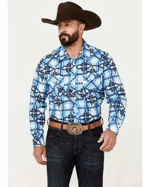 Image #1 - Rock & Roll Denim Men's Southwestern Print Vintage Long Sleeve Pearl Snap Western Shirt, Blue, hi-res