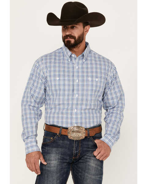 Image #1 - George Strait by Wrangler Men's Plaid Print Long Sleeve Button-Down Western Shirt, Blue, hi-res