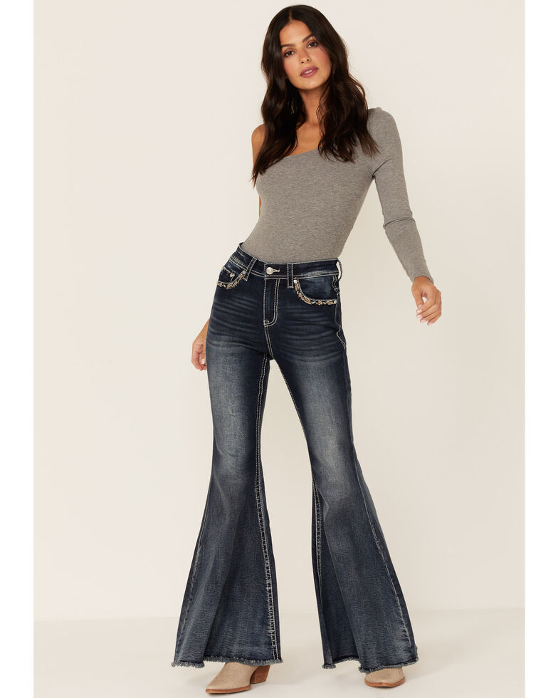 Grace in LA Women's Embellished Flare Jeans, Blue, hi-res