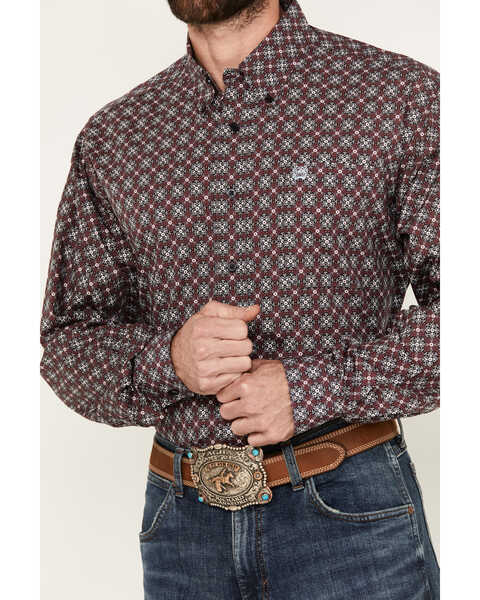 Image #3 - Cinch Men's Medallion Print Long Sleeve Button-Down Western Shirt, Dark Pink, hi-res