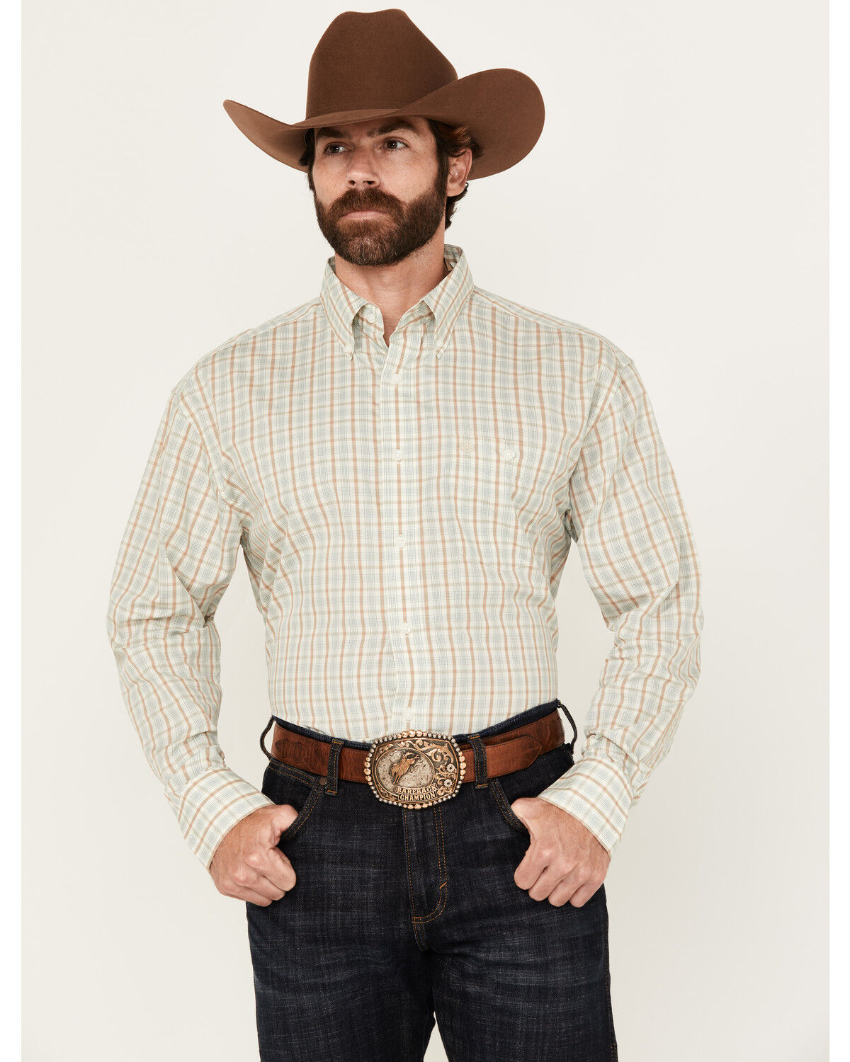 Image #1 - Wrangler Men's Plaid Print Long Sleeve Button-Down Stretch Western Shirt, Tan, hi-res