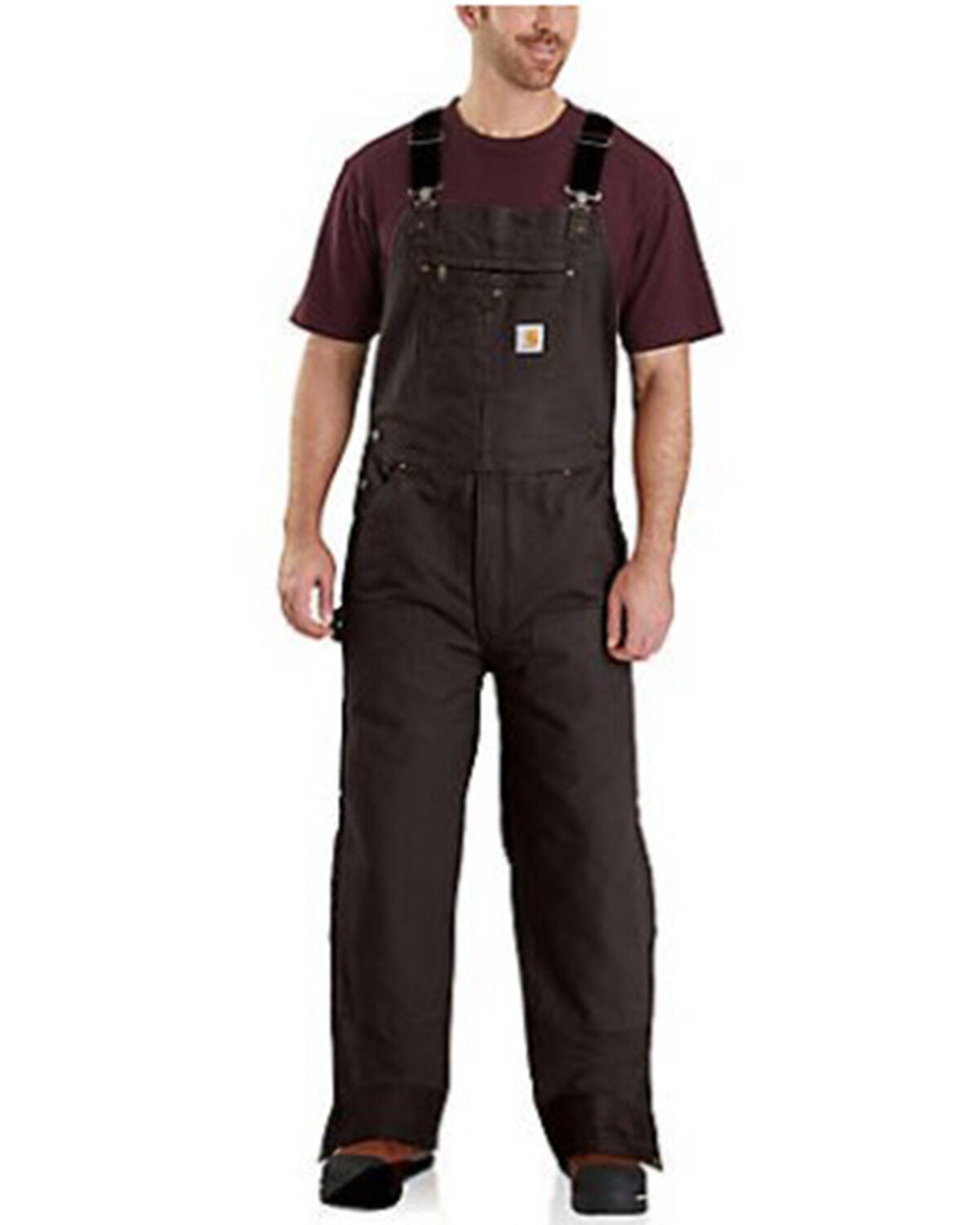 Carhartt Men's Quilt Lined Washed Bib Work Overalls - Tall, Dark Brown, hi-res