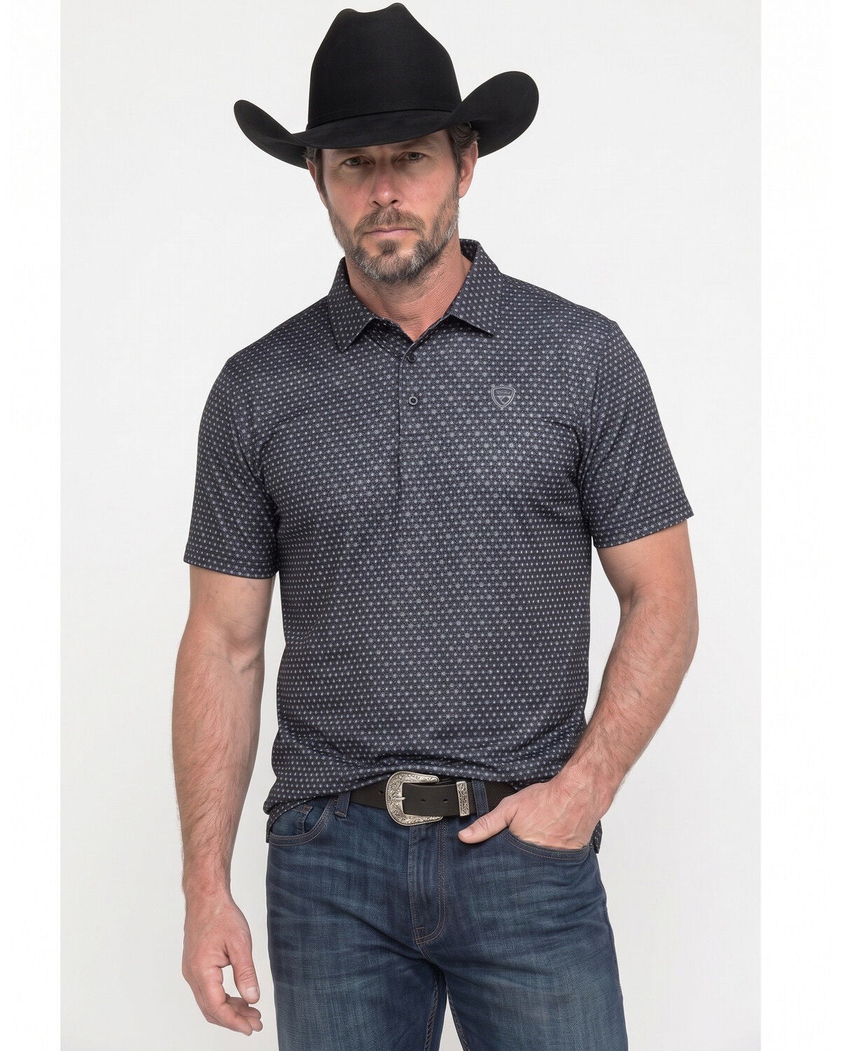 Image #1 - Rock & Roll Denim Men's Geo Print Short Sleeve Button-Down Stretch Polo, Black, hi-res
