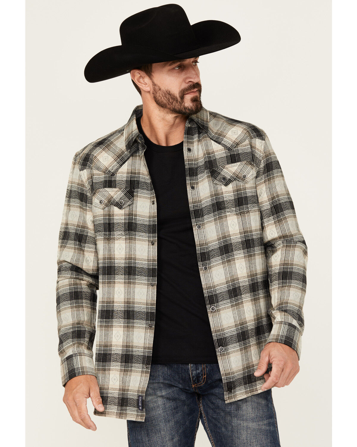 Image #1 - Moonshine Spirit Men's String Fellow Plaid Print Long Sleeve Snap Western Shirt, Grey, hi-res