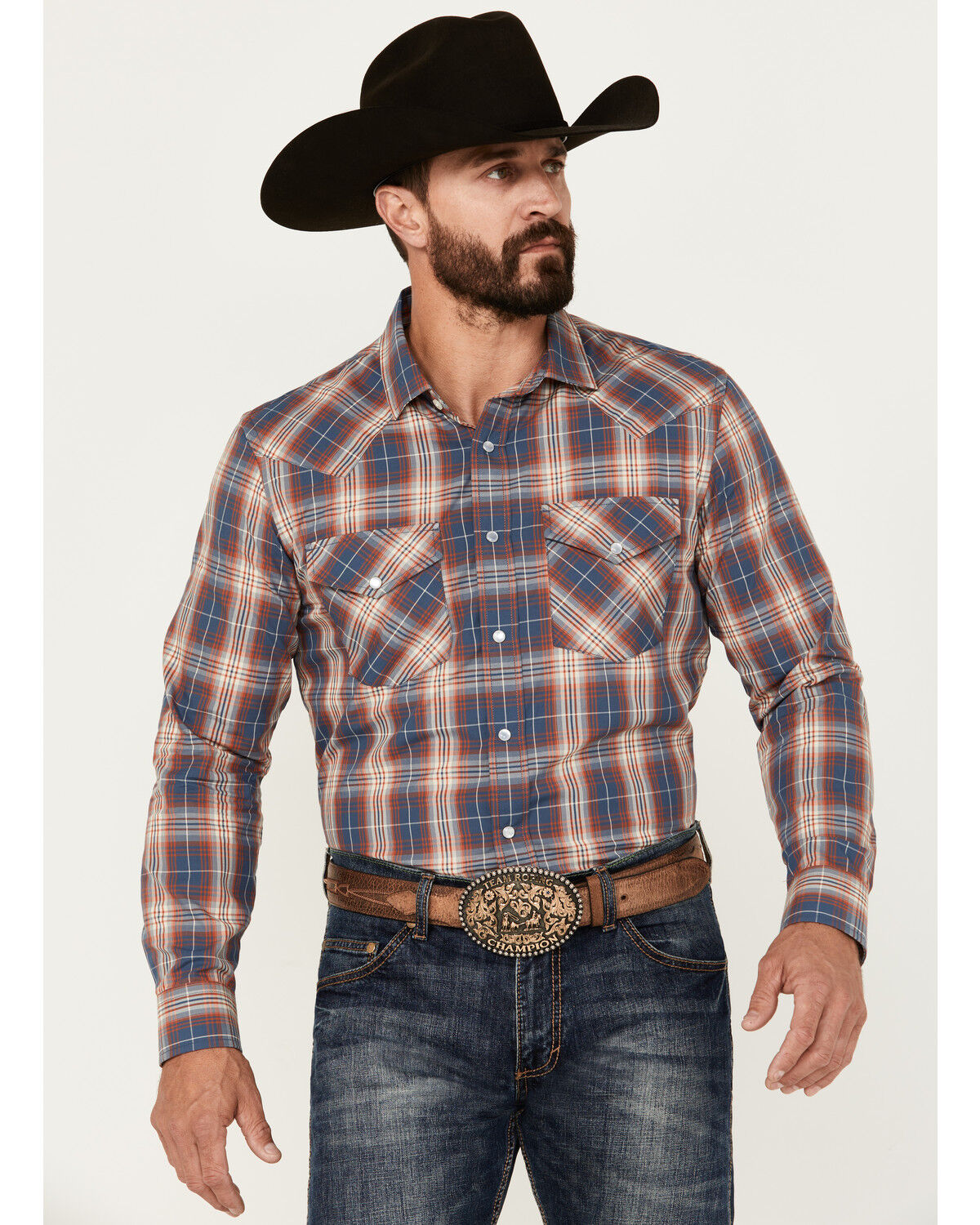Image #1 - Pendleton Men's Frontier Plaid Print Long Sleeve Pearl Snap Western Shirt, Indigo, hi-res