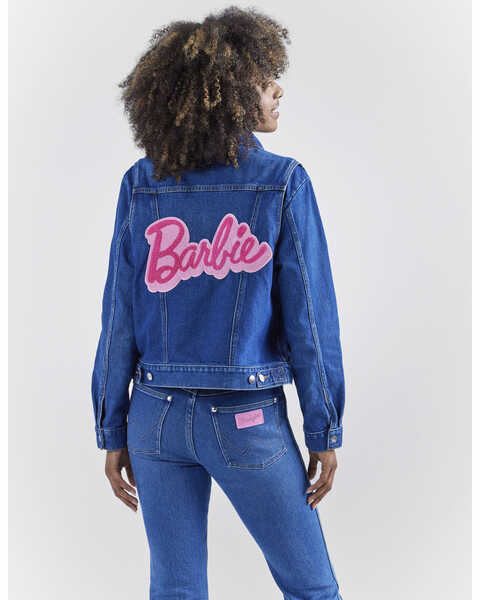 Image #2 - Wrangler® X Barbie™ Women's Dark Wash Barbie™ Logo Zip Front Denim Jacket , Dark Wash, hi-res