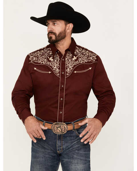 Rodeo Clothing Men's Embroidered Long Sleeve Snap Western Shirt, Burgundy, hi-res
