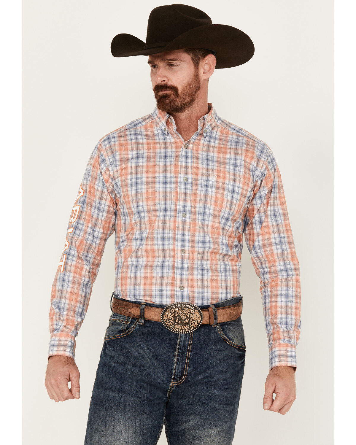 Image #1 - Ariat Men's Team Damion Southwestern Plaid Print Long Sleeve Button-Down Western Shirt, Peach, hi-res
