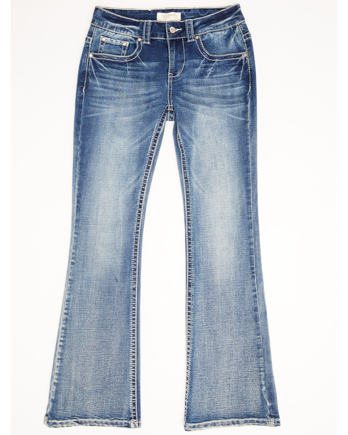 Image #2 - Shyanne Girls' Light Embroidered Faux Flap Pocket Bootcut Jeans, Blue, hi-res