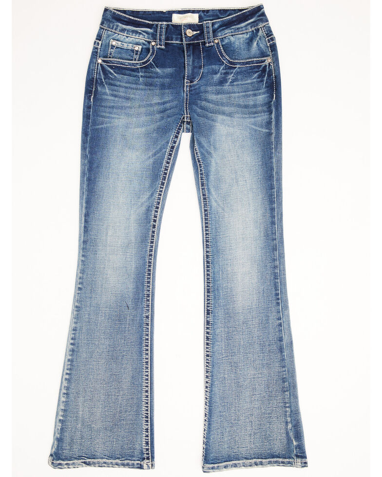 Shyanne Girls' 7-16 Light Embroidered Faux Flap Pocket Bootcut Jeans , Blue, hi-res