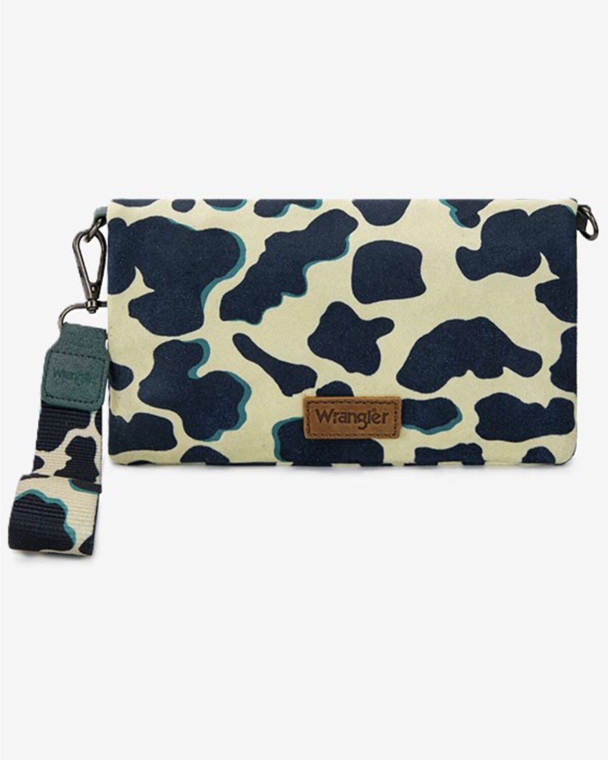 Image #1 - Wrangler Women's Cow Print Wallet Crossbody, Turquoise, hi-res