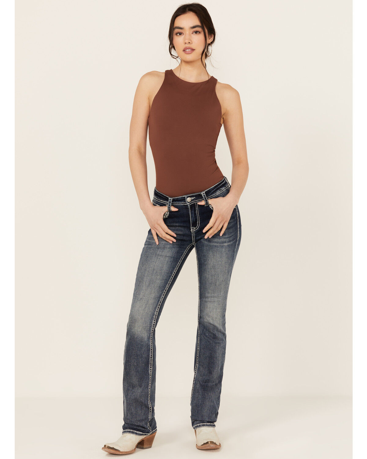 Image #3 - Grace In LA Women's Medium Wash Sequin Cow Skull Mid Rise Bootcut Stretch Denim Jeans, Medium Wash, hi-res