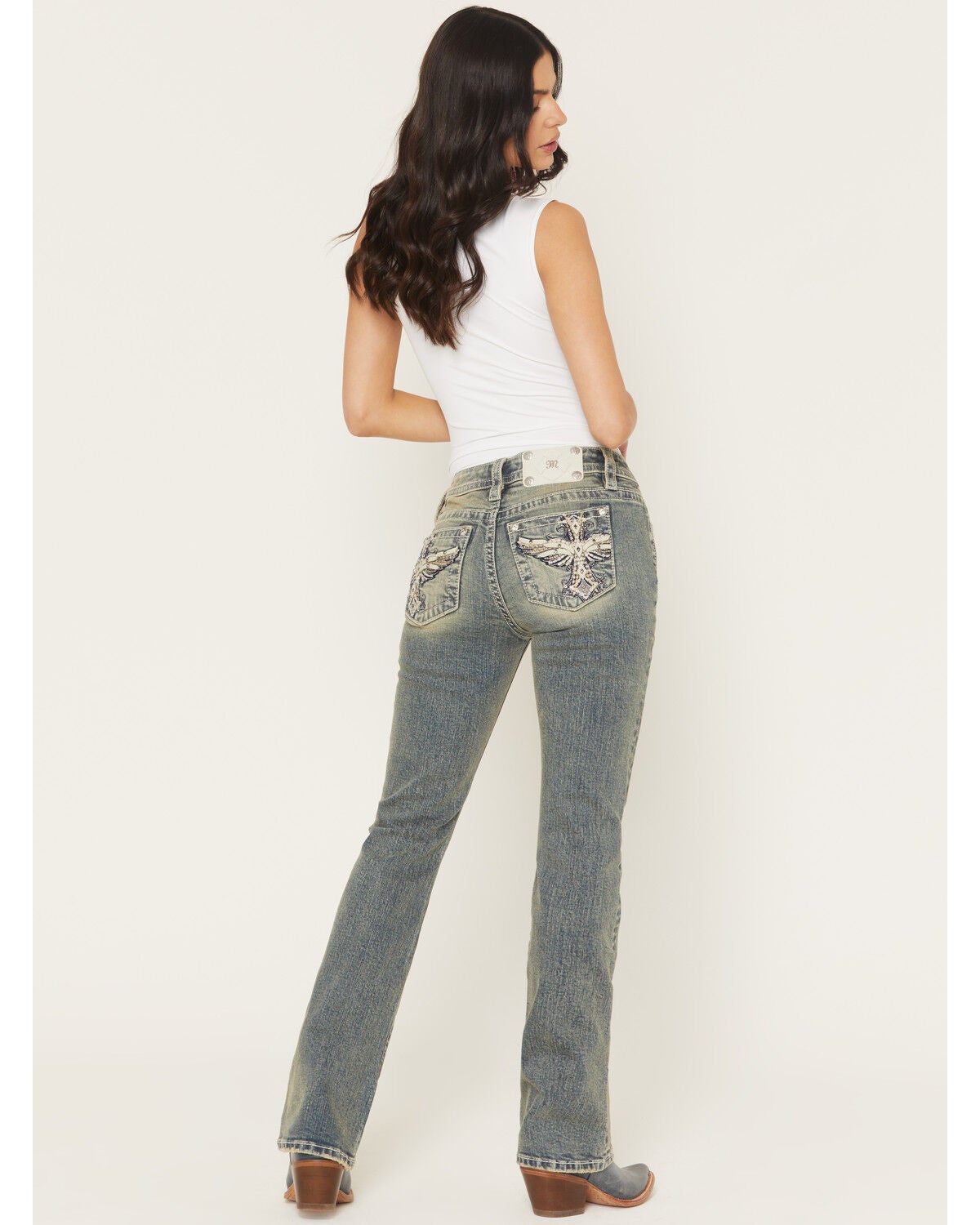 Image #1 - Miss Me Women's Dark Wash Mid Rise Winged Pocket 32" Bootcut Stretch Denim Jeans, Dark Wash, hi-res
