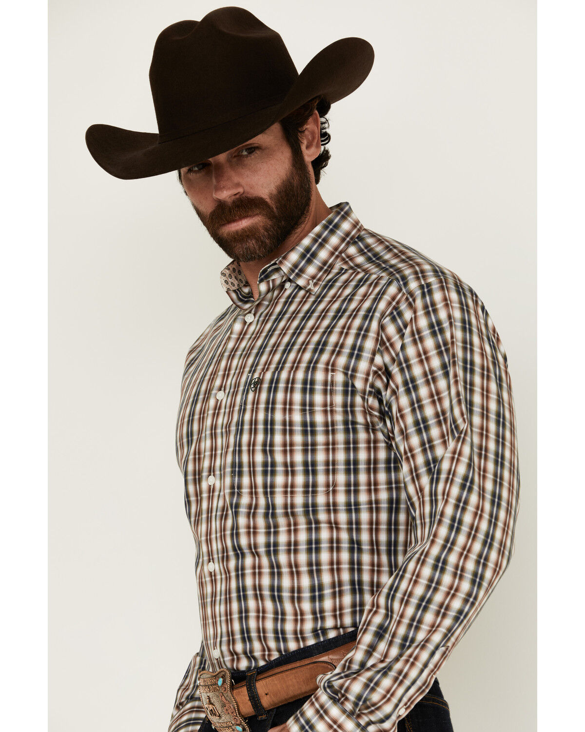 Image #2 - Ariat Men's Wrinkle Free Folk Plaid Print Long Sleeve Button-Down Western Shirt - Tall, Brown, hi-res