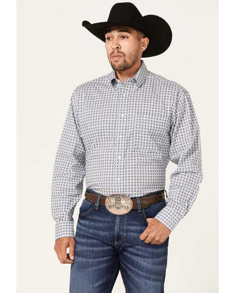 Image #1 - Rough Stock By Panhandle Men's Stretch Geo Print Long Sleeve Button Down Western Shirt , Navy, hi-res