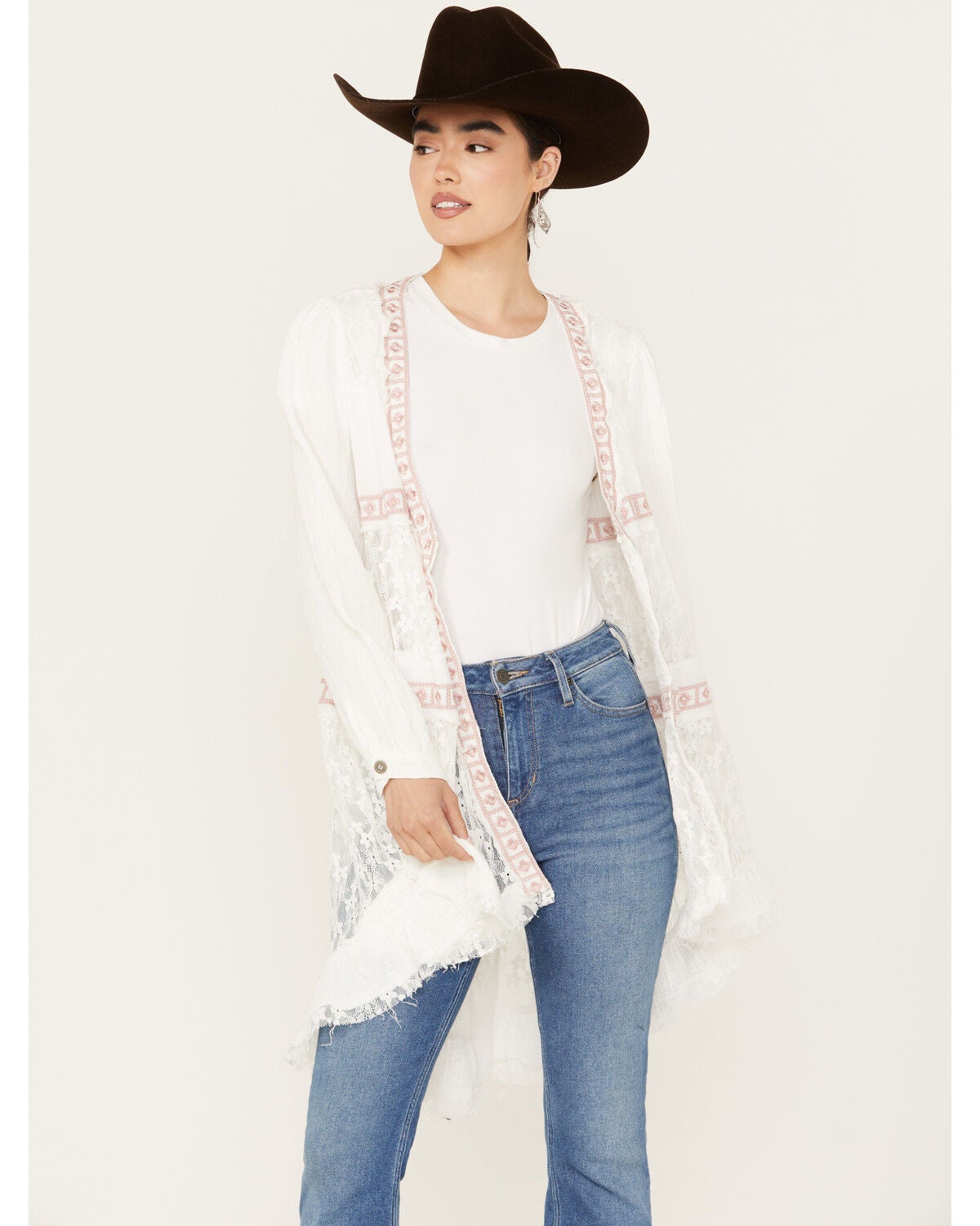 POL Women's Tiered Ditsy Print Long Sleeve Kimono, White, hi-res