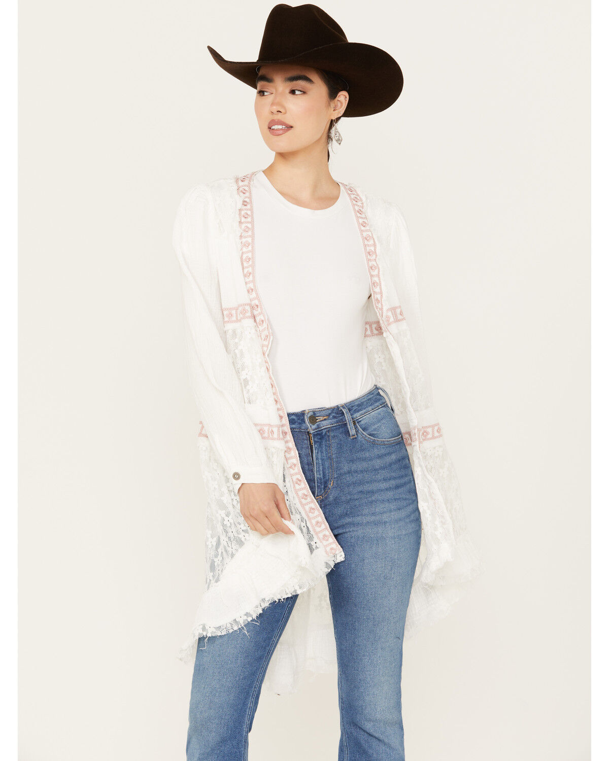 Image #1 - POL Women's Tiered Ditsy Print Long Sleeve Kimono, White, hi-res