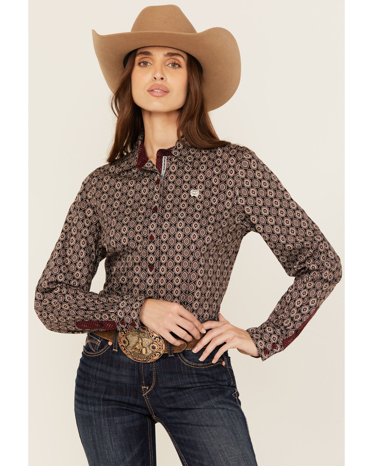 Image #1 - Cinch Women's Medallion Print Long Sleeve Button-Down Western Shirt, Black, hi-res
